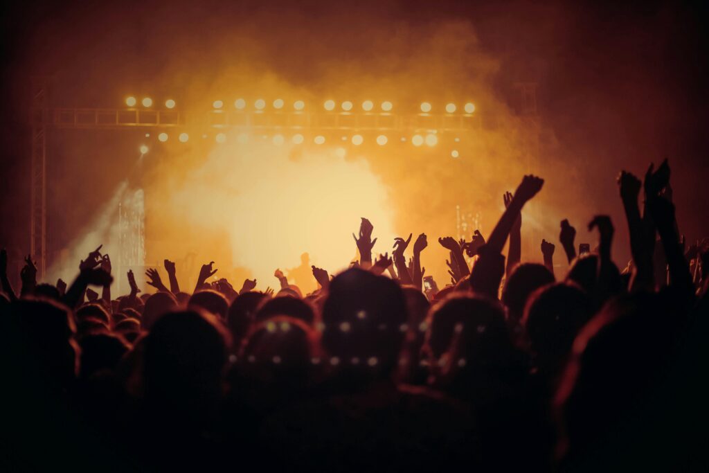 Publikum danser under lysshow til privat event med DJ Gram – professionel DJ-service til fester, bryllupper og events i hele Danmark.