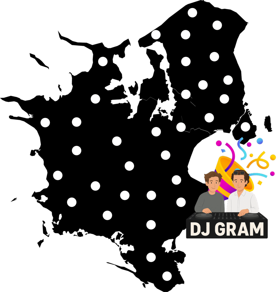 Illustration af Danmarkskort med prikker, der viser DJ Gram’s dækningsområde for mobil DJ-service til private fester, bryllupper, fødselsdage og events.