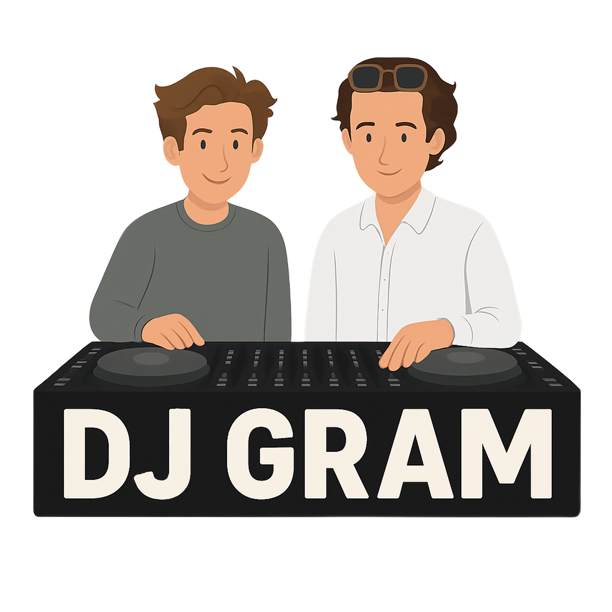 Illustration af to DJs bag et DJ-mixerpult med teksten “DJ GRAM” – professionel mobil DJ-service til private fester, bryllupper, konfirmationer og firmaevents i hele Danmark.