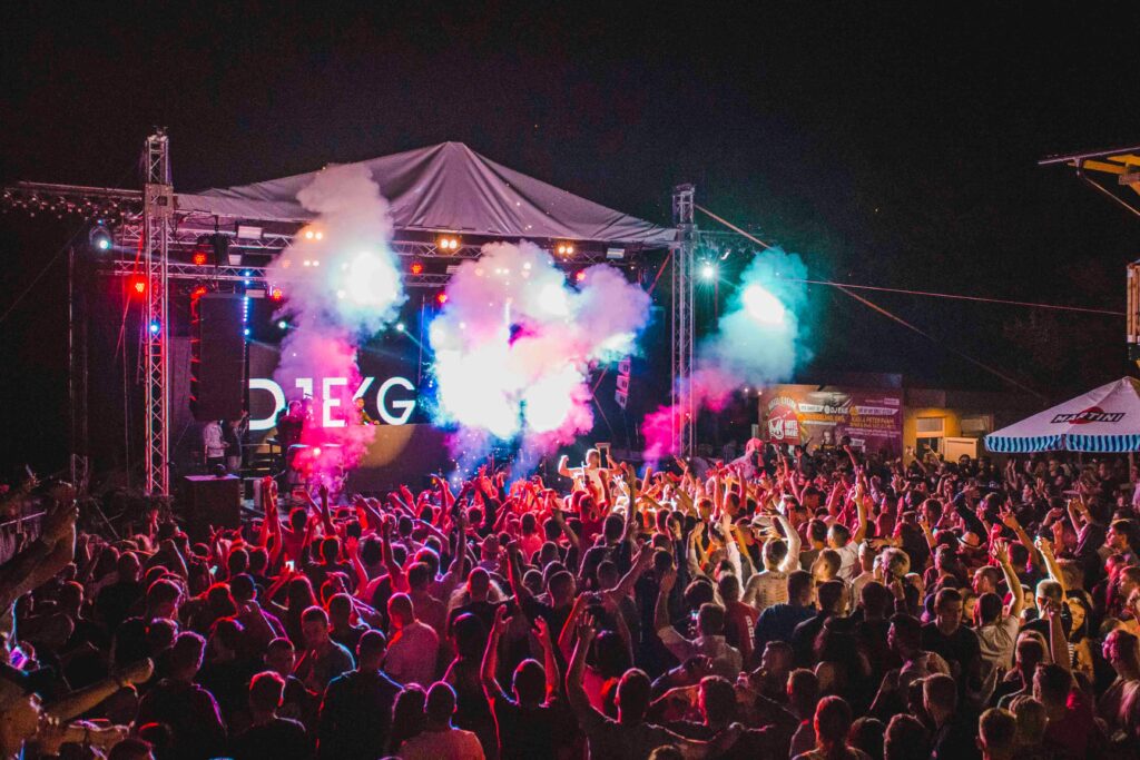 Stor fest med DJ Gram på scenen foran et energisk publikum under farverige lys og røg – professionel DJ-service til private events, festivaler og firmafester i hele Danmark.